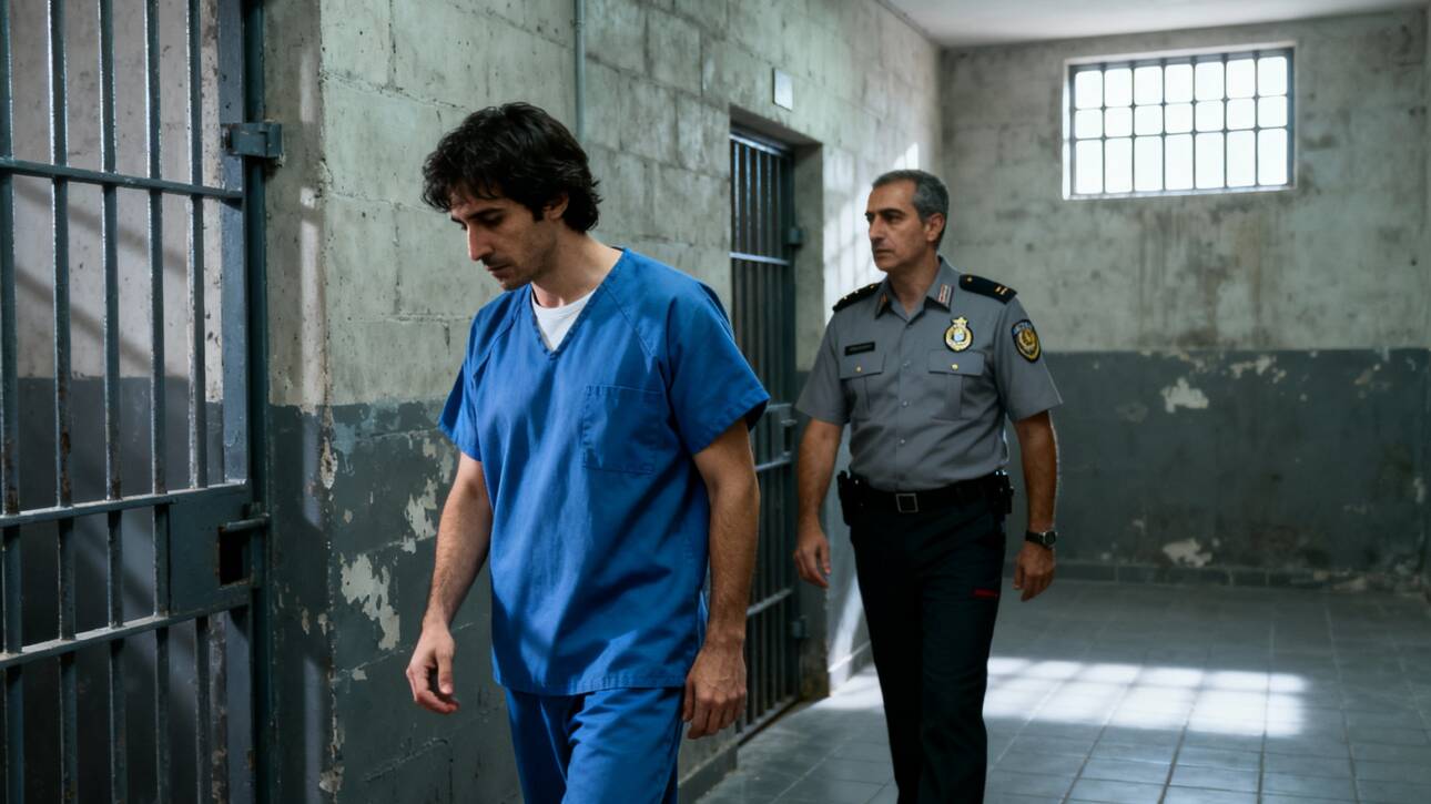 Presidiario español cabizbajo entrando en una celda acompañado por un funcionario de prisiones, cárcel en España