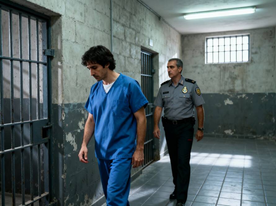 Presidiario español cabizbajo entrando en una celda acompañado por un funcionario de prisiones, cárcel en España